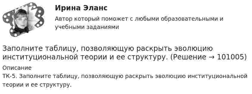      
            Описание
            ТК-5. Заполните таблицу, позволяющую раскрыть эволюцию институциональной теории и ее структуру.   
            
            
            Заполните таблицу «Подходы к практике интернет-консультирования в основных направлениях современной психологии»Заполните таблицу, позволяющую раскрыть эволюцию институциональной теории и ее структуру.Заполните таблицу «Психические познавательные процессы»Заполните таблицу, расставив все названные функции по их видовой классификации, исключив функции, не свойственные органам государственного управления.Заполните таблицу, указав особенности каждого направления экономической теории. Таблица 1 Параметры Неоклассика Традиционный институционализм Неоинституционализм Новый институционализмЗаполните таблицу, указав состав вооруженных сил по международному праву, разделив их на комбатантов и некомбатантов.Заполните таблицу, указав составные части государственной территории.Заполните пропуски предлогами. Let s meet at 13.00 … the afternoon.Заполните следующий текст словами и выражениями, данными в рамке. From the History of Punishment victim; felons; offender; beheading; adultery; pillory; punishment; execution; deliberately; condemned; ancient; medieval; guilty; legal; publicЗаполните таблицу «Виды оценки в физическом воспитании и их характеристика». Вид оценки Характеристика оценки Проанализируйте предложенный конспект урока физической культуры с младшими школьниками, запишите аналитические данные по каждому критерию. Оцените качество конспекта, обоснуйте свое мнениеЗаполните таблицу краткими сведениями об античных философах....Практическая работа 2. РосдистантЗаполните таблицу «Критерии оценивания творческих работ учащихся по изобразительному и декоративно-прикладному искусству»Заполните таблицу, отвечая на следующие вопросы. 1. Какие цели ставило общество перед молодежью в годы социализма и в настоящее время? 2. Каковы были цели, нормы социализации тогда и теперь? 3. Какова роль идеологии в процессе социализации тогда и теперь?Заполните таблицу. Перечислите 6 заболеваний, их причины, возникающие при работе за компьютером, а также профилактические меры, для устранения негативного фактора.