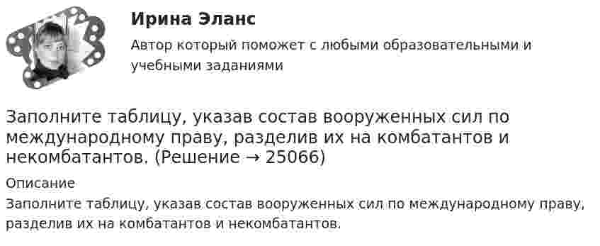     
          Описание
          Заполните таблицу, указав состав вооруженных сил по международному праву, разделив их на комбатантов и некомбатантов.  
            
            
            Заполните таблицу, указав особенности каждого направления экономической теории. Таблица 1 Параметры Неоклассика Традиционный институционализм Неоинституционализм Новый институционализмЗаполните таблицу, указав состав вооруженных сил по международному праву, разделив их на комбатантов и некомбатантов.Заполните таблицу, указав составные части государственной территории.Заполните таблицу, установив соответствие между изображением оргтехники и её наименованием.Заполнить расходные и приходные кассовые ордера, лист кассовой книги по следующим фактам хозяйственной жизни: По кассовой книге на 1 сентября числился остаток денежных средств в кассе в сумме – 5000,00 руб. По приходному ордеру от 11 сентября № 34 были получены со счета органа Федерального казначейства наличные денежные средства на выплату аванса подотчетному лицу Ерохиной В.А.Заполнить сравнительную таблицу.  Депутатские слушания  Публичные слушанияЗаполнить столбик Заполните таблицу «Критерии оценивания творческих работ учащихся по изобразительному и декоративно-прикладному искусству»Заполните таблицу, отвечая на следующие вопросы. 1. Какие цели ставило общество перед молодежью в годы социализма и в настоящее время? 2. Каковы были цели, нормы социализации тогда и теперь? 3. Какова роль идеологии в процессе социализации тогда и теперь?Заполните таблицу. Перечислите 6 заболеваний, их причины, возникающие при работе за компьютером, а также профилактические меры, для устранения негативного фактора.Заполните таблицу по видам зарубежных органов внешних сношений. Впишите сначала виды зарубежных органов внешних сношений, а затем конкретные наименования таких органов.Заполните таблицу «Подходы к практике интернет-консультирования в основных направлениях современной психологии»Заполните таблицу, позволяющую раскрыть эволюцию институциональной теории и ее структуру.Заполните таблицу «Психические познавательные процессы»