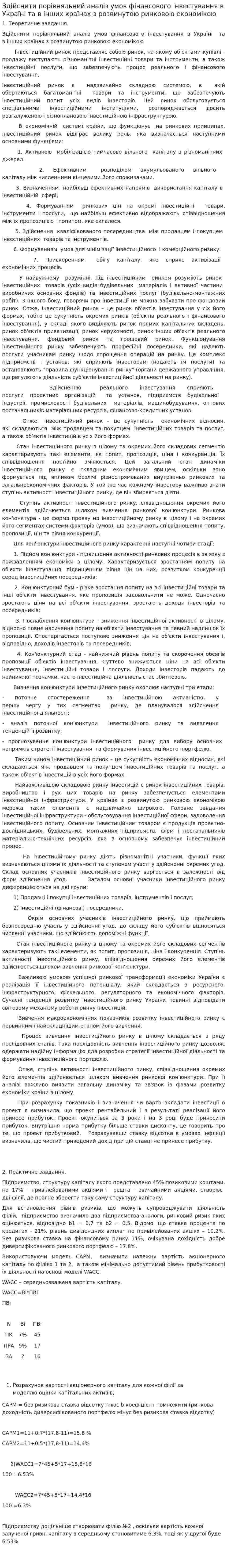Здійснити порівняльний аналіз умов фінансового інвестування в Україні та в інших країнах з розвинутою ринковою економікою