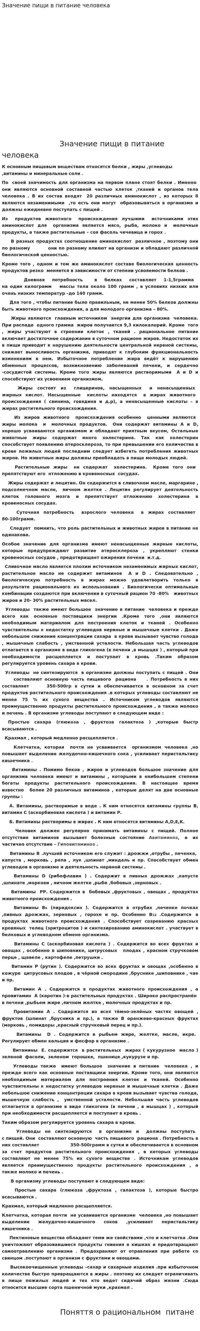 Значение пищи в питание человека